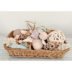 Coastal Wicker Basket Lot Shells Wicker Balls Decor Set Natural & Light Teal 13"